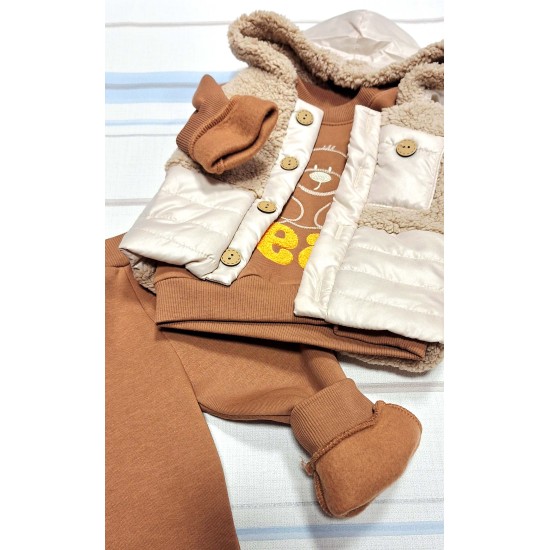 Бебешки ватиран комплект с елек в кафяво и бежово
