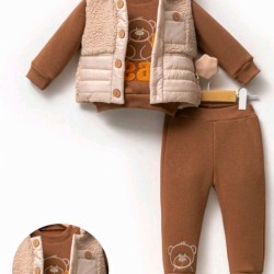 Бебешки ватиран комплект с елек в кафяво и бежово