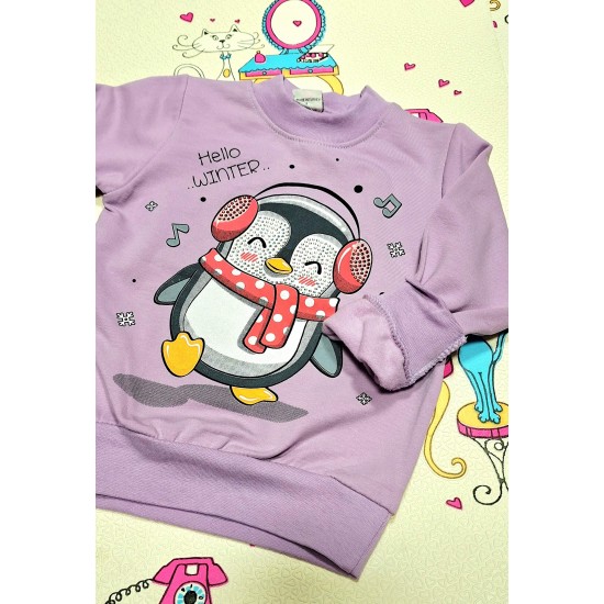 Детска леко ватирана блуза в лилаво с ПИНГВИНЧЕ Детска леко ватирана блуза в лилаво с ПИНГВИНЧЕ