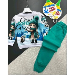 Детски ватиран комплект в зелено и бяло с красива щампа ЗИМНО МОМИЧЕ