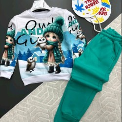 Детски ватиран комплект в зелено и бяло с красива щампа ЗИМНО МОМИЧЕ