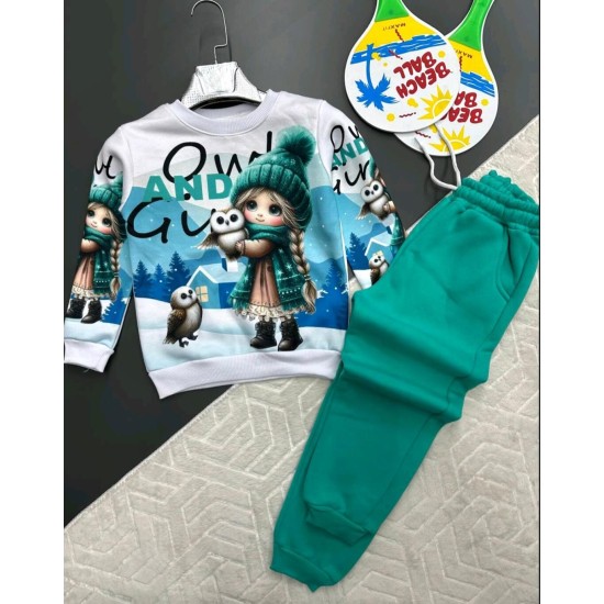 Детски ватиран комплект в зелено и бяло с красива щампа ЗИМНО МОМИЧЕ