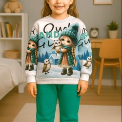 Детски ватиран комплект в зелено и бяло с красива щампа ЗИМНО МОМИЧЕ