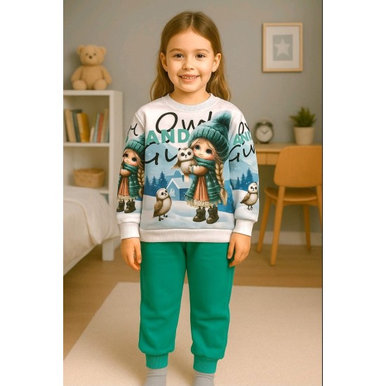 Детски ватиран комплект в зелено и бяло с красива щампа ЗИМНО МОМИЧЕ