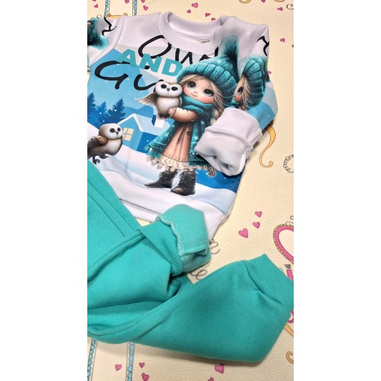 Детски ватиран комплект в зелено и бяло с красива щампа ЗИМНО МОМИЧЕ