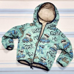 Детско двулицево шушляково яке в бежово и зелено ДИНО С КОЛА