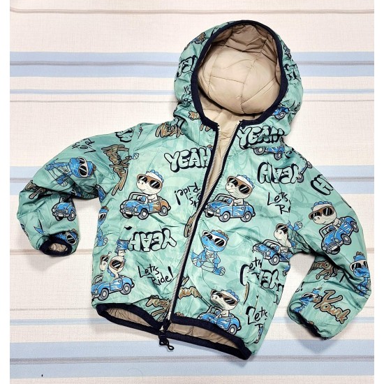 Детско двулицево шушляково яке в бежово и зелено ДИНО С КОЛА