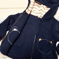 Пухкаво детско яке в тъмносиньо с качулка с ушички