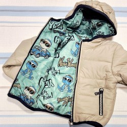 Детско двулицево шушляково яке в бежово и зелено ДИНО С КОЛА