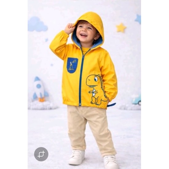 Детско яке ветровка в жълто и тъмносиньо ДИНО с качулка