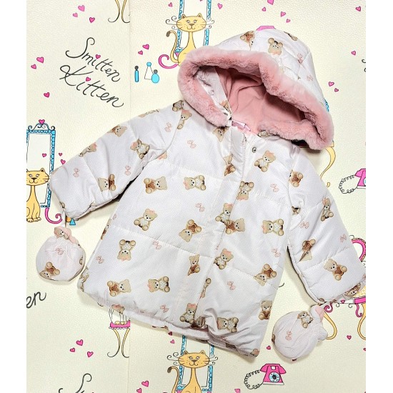 Детско зимно яке в бежово и розово с ръкавички МЕЧЕНЦА