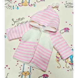 Бебешка плетена жилетка в  бяло и розово с качулка