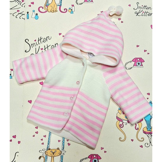 Бебешка плетена жилетка в бяло и розово с качулка Бебешка плетена жилетка в бяло и розово с качулка