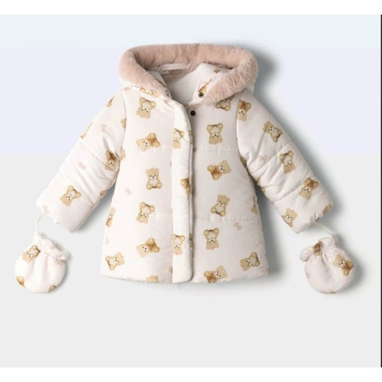 Детско зимно яке в бежово и розово с ръкавички МЕЧЕНЦА
