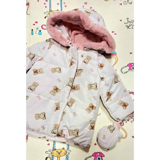 Детско зимно яке в бежово и розово с ръкавички МЕЧЕНЦА