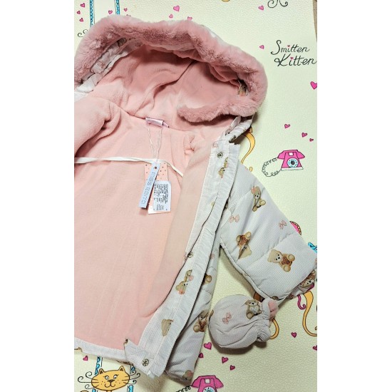 Детско зимно яке в бежово и розово с ръкавички МЕЧЕНЦА