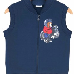 Детски леко ватиран памучен елек в тъмносиньо Куче с мотор Детски леко ватиран памучен елек в тъмносиньо Куче с мотор