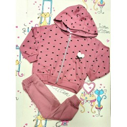Детски спортен комплект в тъмно розово със сърчица с качулка