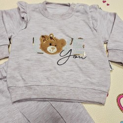 Детски памучен комплект с меченце с панделка в бежово/сиво