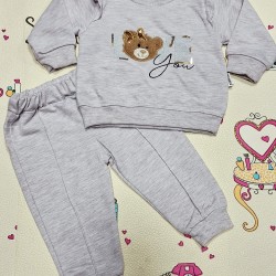 Детски памучен комплект с меченце с панделка в бежово/сиво