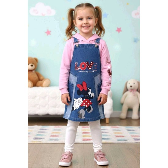 Детски дънков сукман с Мини Маус с розова блуза с качулка Детски дънков сукман с Мини Маус с розова блуза с качулка