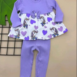 Детски памучен комплект с клинче в лилаво на сърца ЕДНОРОЗИ