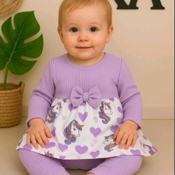 Детски памучен комплект с клинче в лилаво на сърца ЕДНОРОЗИ