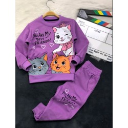 Детски памучен комплект в лилаво с КОТКИ