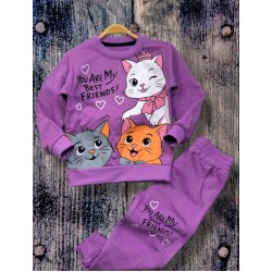 Детски памучен комплект в лилаво с КОТКИ