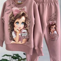 Детски сладък комплект с момиченце в тъмно розова пудра Детски сладък комплект с момиченце в тъмно розова пудра