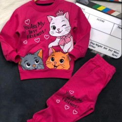 Детски памучен комплект в циклама с КОТКИ Детски памучен комплект в циклама с КОТКИ