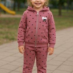Детски спортен комплект в тъмно розово със сърчица с качулка