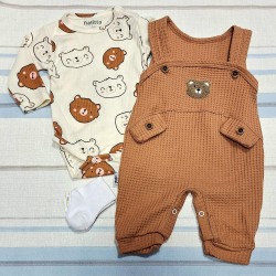 Бебешки комплект от гащеризон,боди и чорапки в кафяво МЕЧЕТА
