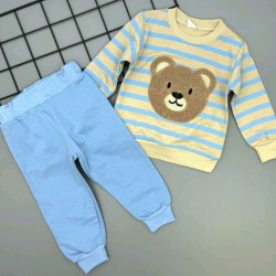 Детски памучен комплект с мече в бежово и светло синьо