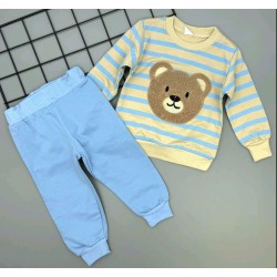 Детски памучен комплект с мече в бежово и светло синьо